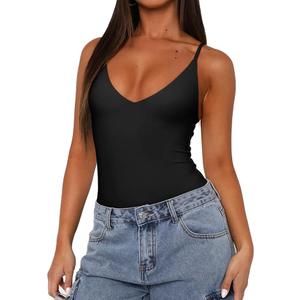 REORIA Women’s Sexy Trendy Open Back V Neck Spaghetti Strap Backless Trendy Cami Bodysuit Tops, M