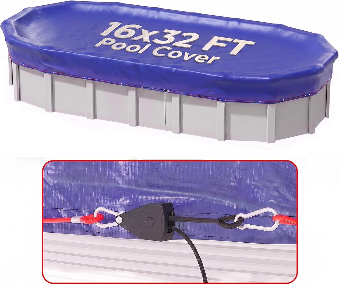 16x32 FT Oval Winter Pool Cover, Steel Cable and Pulley, Above Ground Pools
