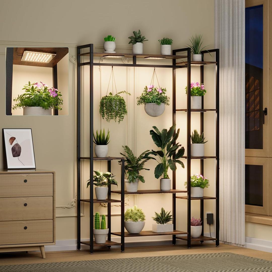 Plant Stand Indoor with Grow Lights 11 Tiered Wood Indoor Plant Shelf 62" Tall Plant Stand Metal Frame for Indoor Plants Multiple Flower Pot Holder, Large Plant Rack for Living Room Patio Corner