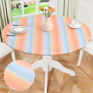 misaya Round Fitted Tablecloth with Elastic Edge, 100% Waterproof Oil Proof Plastic Table Cover, Vinyl Flannel Backed Tablecloth Fits 36"-44" Round Tables for Dinner, Outdoor, Picnic, Rainbow Striped (Orange)