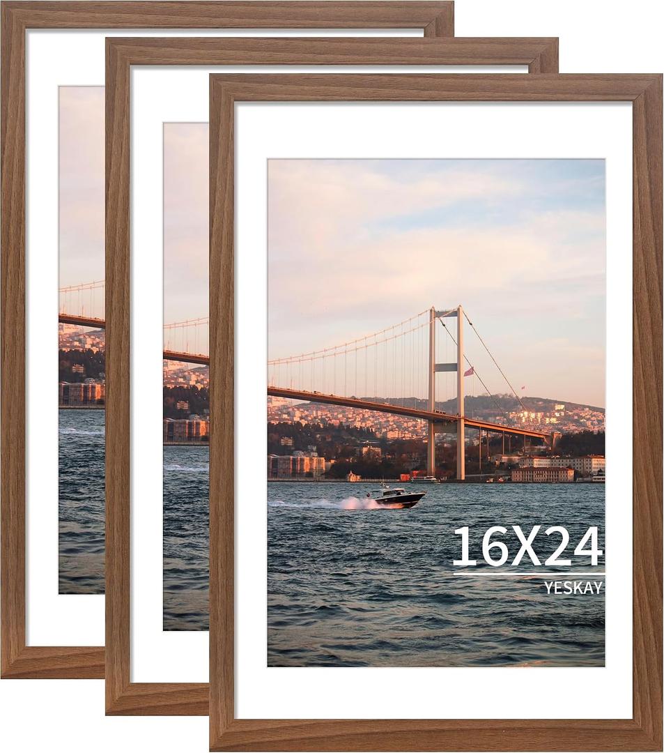 YESKAY 16x24 Picture Frame Brown Set of 3, Display Pictures 12x18 with Mat or 16 x 24 Without Mat, Poster Frames 16x24 Poster Frames for Wall Hanging Horizontal and Vertical