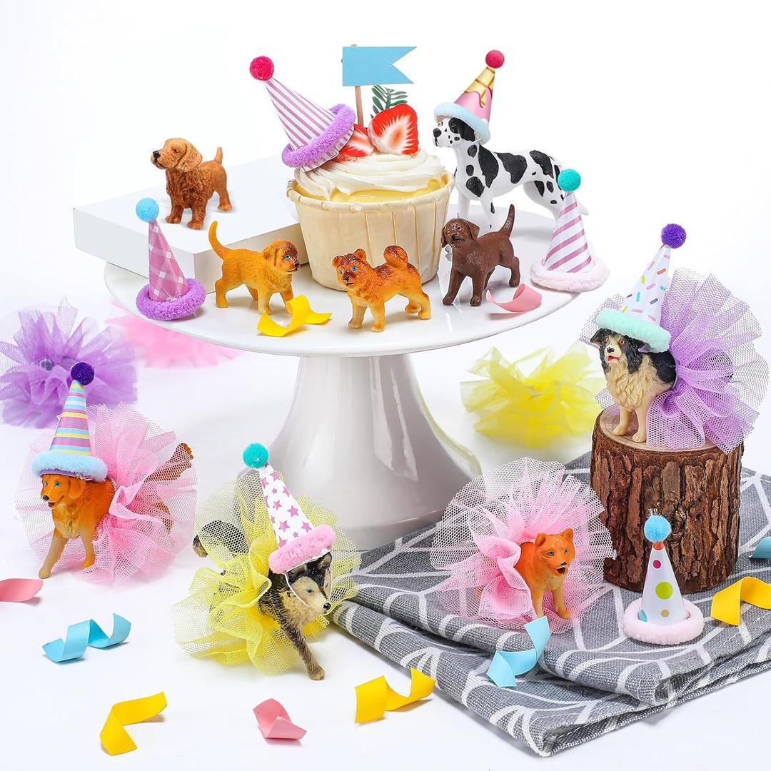 Weysat 27 Pcs Dog Cake Topper Animals Figures Birthday Party Decorations with Mini Hat with Pom Poms Puppy Dog Figure Cupcake Toppers Decoration with Mini Skirt and Hat for Puppy Animals Themed Party