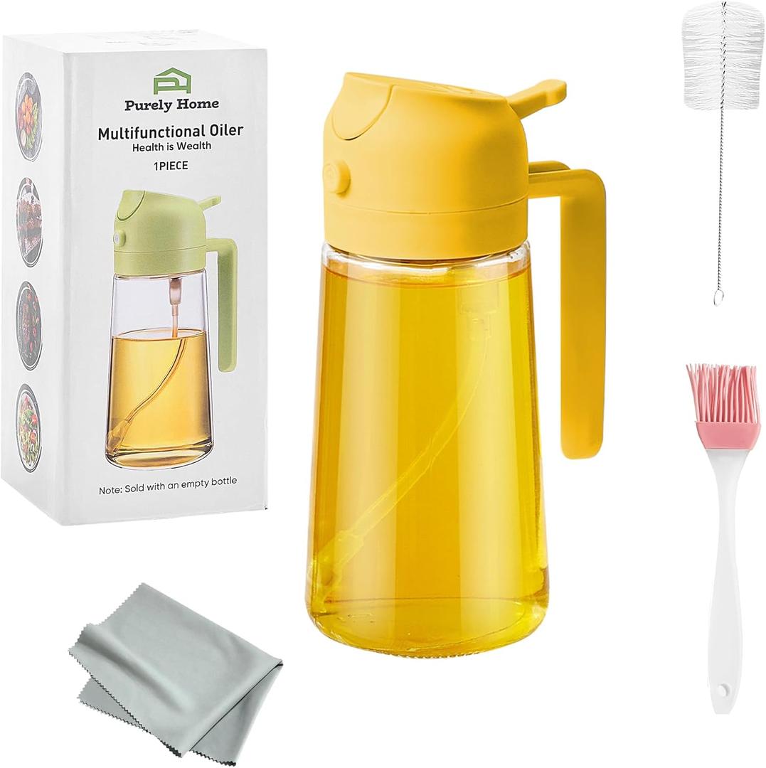 2-in-1 Yellow 16oz/470ml - Olive Oil Sprayer for Cooking, Salad and BBQ, Leakproof Oil Dispenser for Frying, Glass OliveOil Multifunctional Sprayer/Dispenser Bottle for Cooking, Oil Mister Bottle