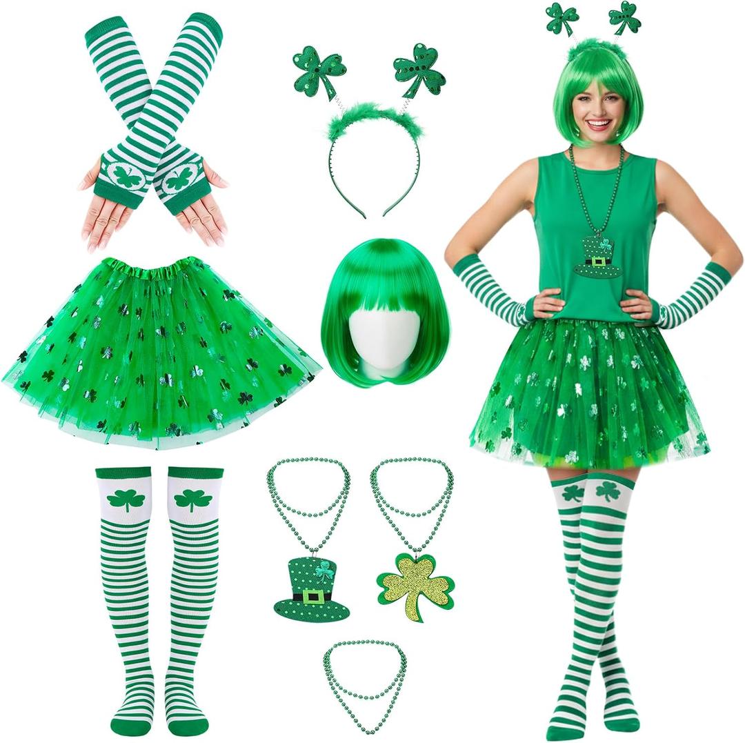 8 Pcs St. Patrick's Day Costume Accessories Set for Women Include Striped Socks Arm Sleeves Green Wig Tutu Skirt Shamrock Headband Necklaces