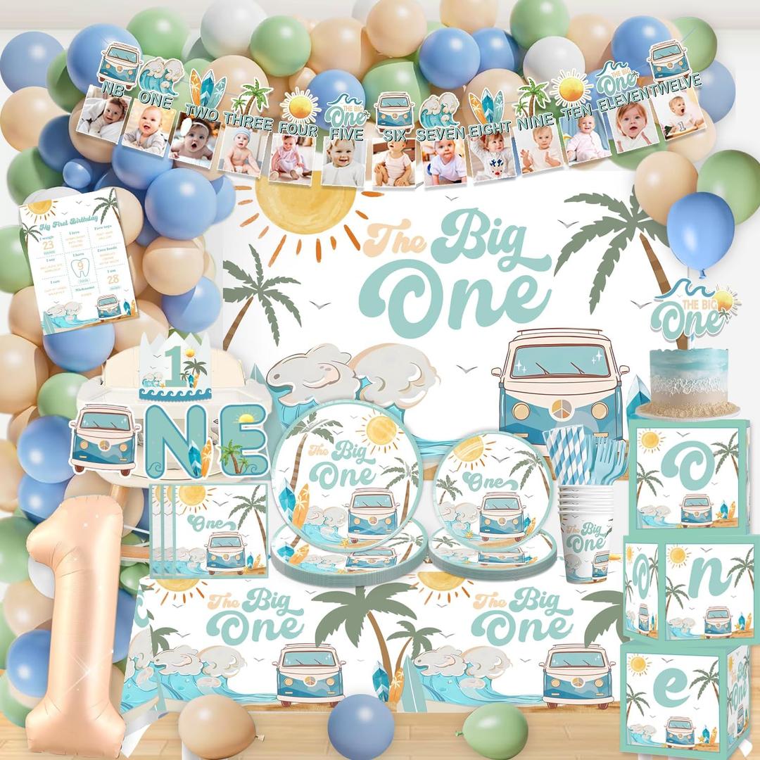 232pcs The Big One Party Decorations Include Photo Banner High Chair Banner Backdrop Tablecloth Balloons Tableware Ballon Box Cutout Crown Cake Topper Poster, for Boys First Birthday Decorations