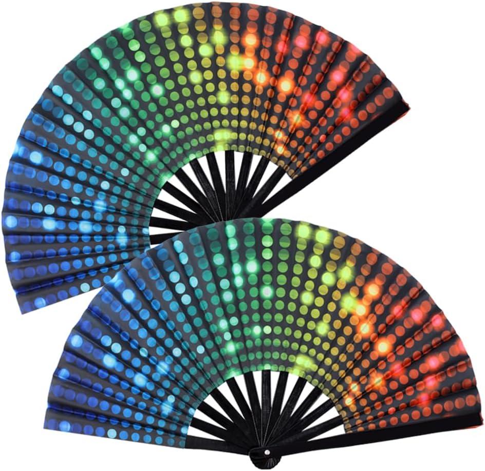 2 PCS Large Folding Fan Bamboo Folding Hand Fan, Rave Fan Clack Folding Hand Fan Chinese/Japanese Nylon-Cloth Folding Fan for Festival, Dance, Performance, Party, Gift, Decoration(Neon Light)