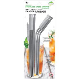 BIOSMART Reusable Stainless Steel Straw Set w/ Silicone Tips & 1 Cleaning Brush 5 Pack