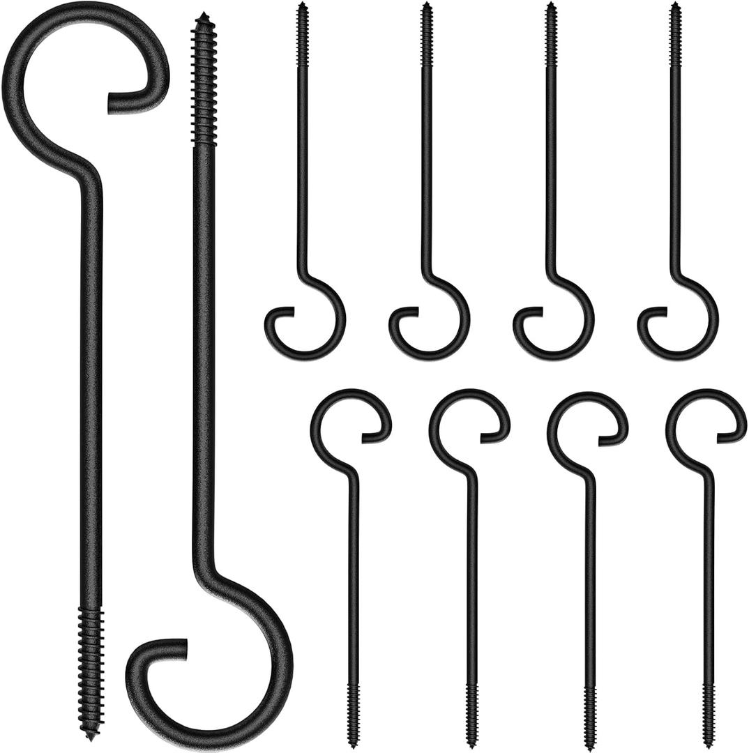 Screw Hooks for Hanging 9in, 10Pcs Long Screw-in Hooks, Ceiling Hooks for Christmas Lights and Curtain Hooks, Kitchen Hooks, Plants Hanger Outdoor/Indoor Hooks Black