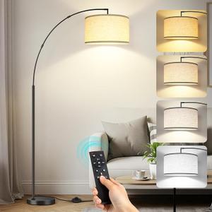 OUTON 81" Arc Floor Lamp, 12W 1080LM LED Dimmable Floor Lamp with 16" Beige Lampshade, Remote Control & Foot Switch, 4 Color Temperatures, Tall Standing Lamp for Living Room Bedroom Office, Black