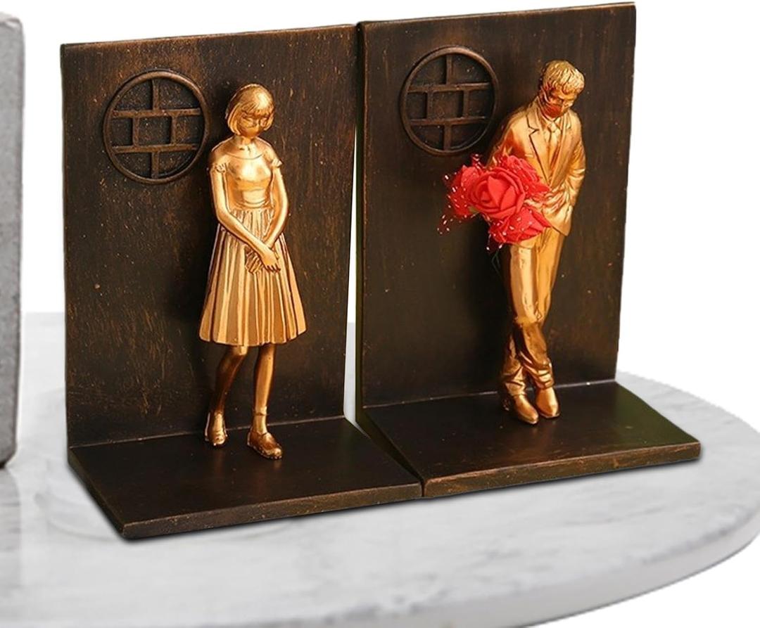 Book Ends Holders - Home Books Shelves, Resin Lovers Couple Statue Bookends Stopper, Non-Skid Bookend | Vintage Resin Lovers Statue Bookends Books Holder for Study Room Home Desk Decoration