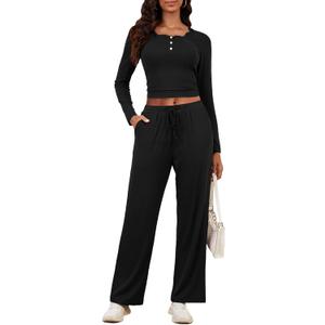 Two Piece Sets for Women Long Sleeve Wide Leg Tracksuits 2 Piece Lounge Sets Winter Casual Sweatsuits Matching Sets (Black, S)