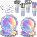 200 Pcs Iridescent Party Supplies Decorations, 25 Guest Scalloped Iridescent Graudation Plates and Napkins Bachelorette Decorations Holographic Tableware for Birthda Bridal Wedding Disco