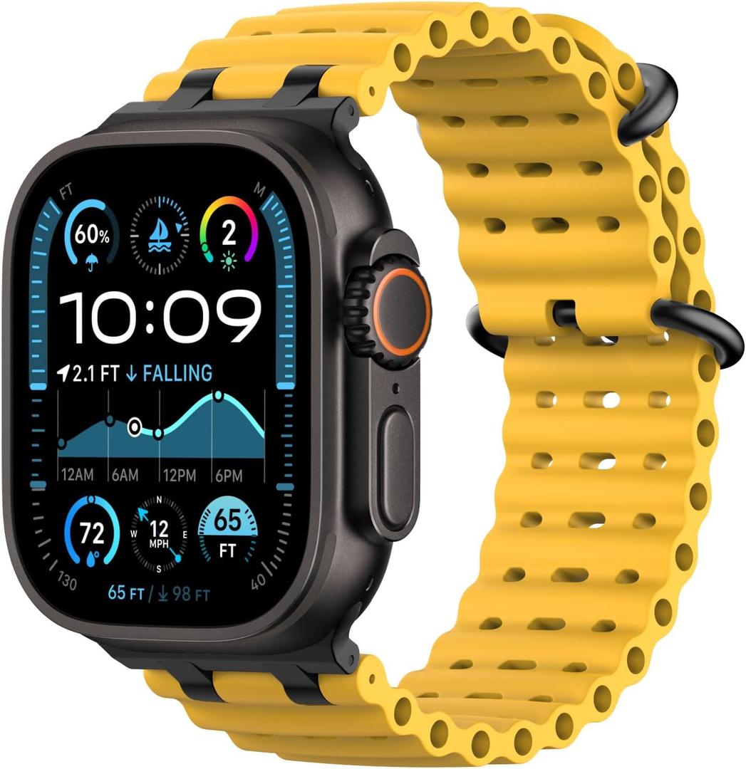 Astorgos Upgraded Ocean Band Compatible with Apple Watch Ultra 2/ Ultra 49mm, S10 46mm, 9/ 8/ 7 45mm, SE2/ SE/ 6/ 5/ 4 44mm, 3/ 2/ 1 42mm for Men Women, Metal Connector Breathable Sport Watch Strap, Black/ Yellow