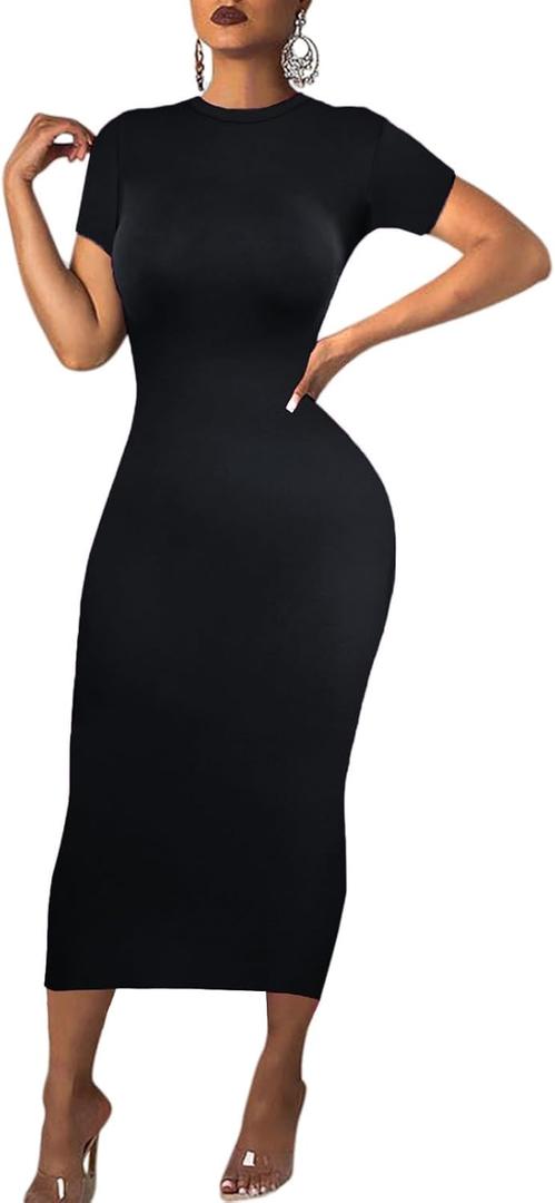 Women's Long Bodycon Dress - Summer Casual Short Sleeve Midi Club Party Fitted Tight Dresses (Large, Black)