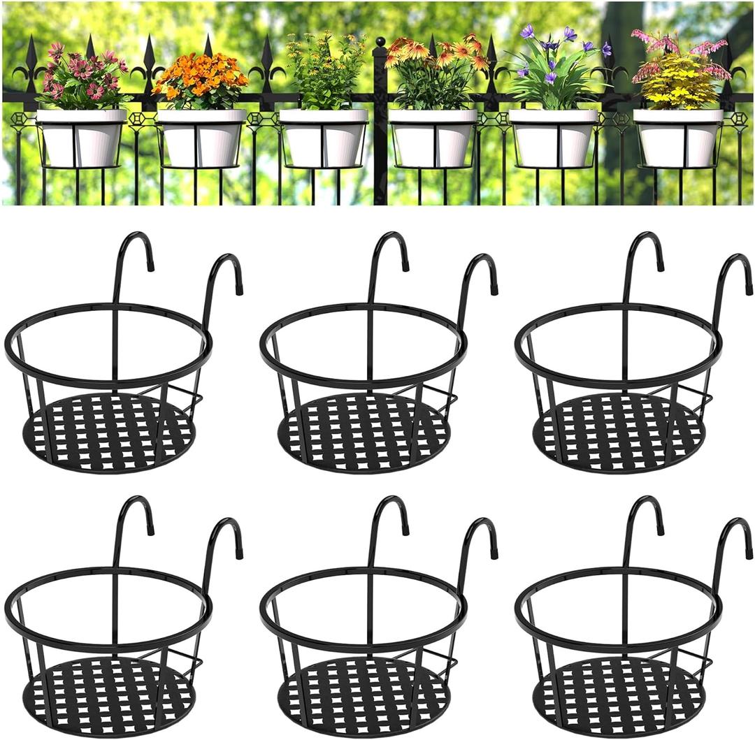 CADANI Iron Hanging Plant Holder Over The Rail Metal Fence Planters, Hanging Bucket Flower Pot Holder for Patio Balcony Outdoor Plants - Pack of 6 (Black)