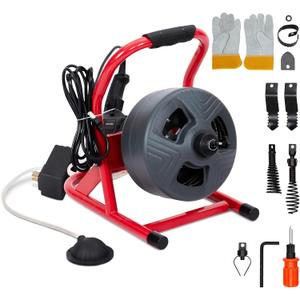 GARVEE Drain Cleaner Machine, 50 ft X 5/16 in Professional Automatic Electric Drain Auger for 3/4 to 3 in Pipes, Portable Electric Drain Snake with 6 Cutters & Foot Switch and Pair of Gloves