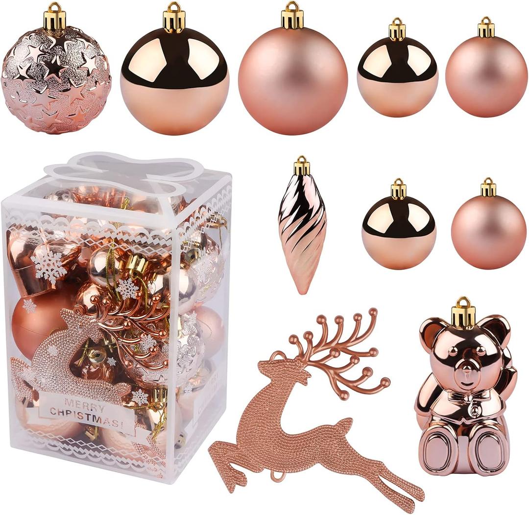 Kalolary Christmas Ball Ornaments 30PCS Xmas Hanging Balls Shatterproof Christmas Decorations Matte Shiny Christmas Tree Balls Assorted Christmas Decor for Wedding Party Festival Supplies (Rose Gold)