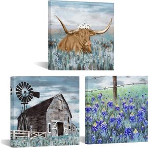Conipit Texas Farm Canvas Wall Art Farmhouse Landscape Paintings Windmills Bluebonnets Pictures Art Wall Decor Framed for Living Room Home Decor 12"x12"x3Pcs