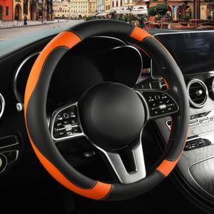 Leather Steering Wheel Cover, Breathable, Anti Slip & Odor Free, Black and Orange (Round-Middle[14.5''-15''])