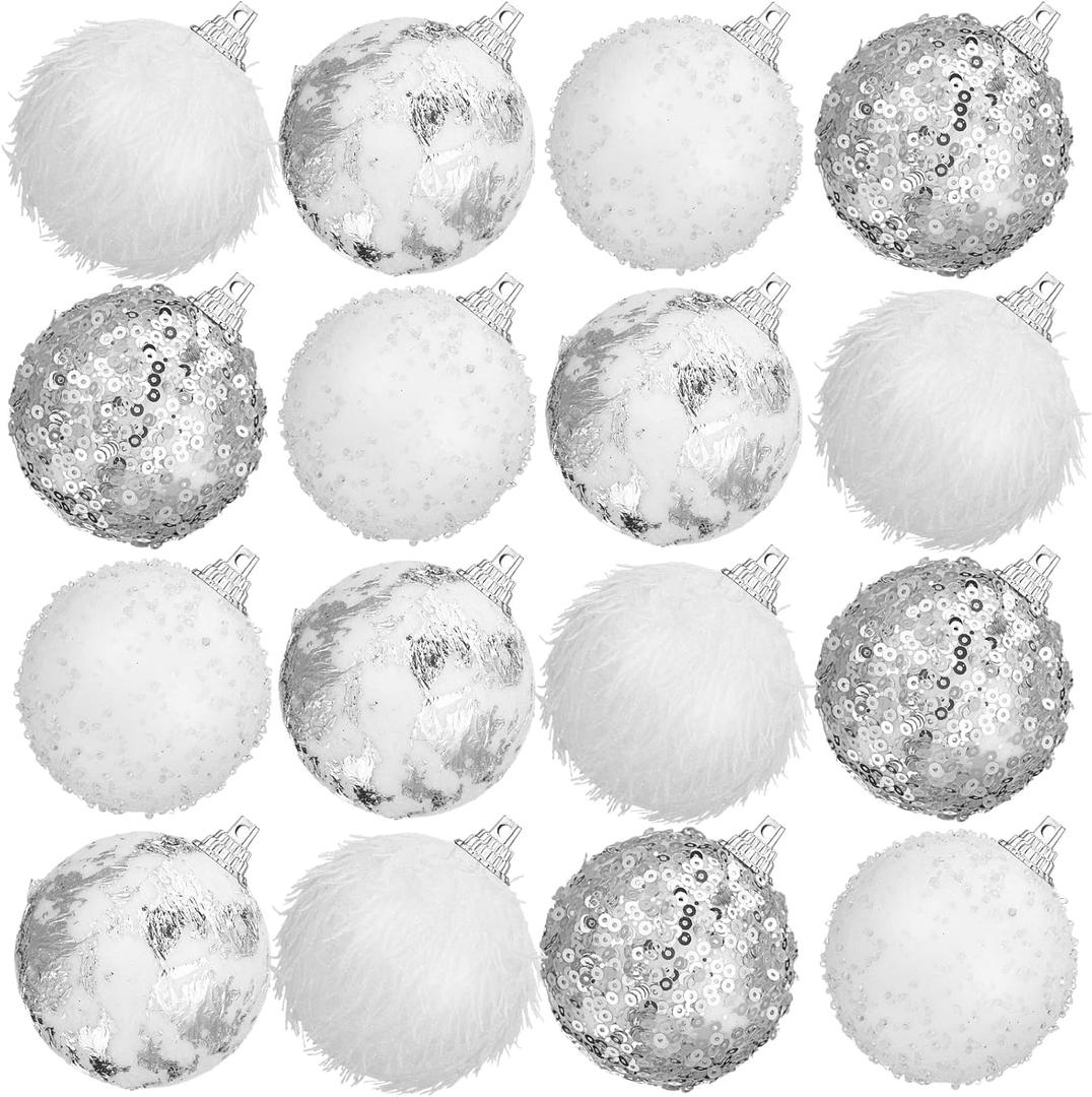 Hollowfly 16 Pcs Silver and White Christmas Ornaments 2.36" Christmas Tree Balls with Glitter Sequins Plush Fur Surface Rhinestone Snowballs Hanging Tree Ornaments Decorations for Xmas Holiday Party