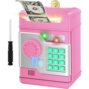 Piggy Bank, Automatic Electronic Piggy Bank for Kids Boys Girls with Password and Fingerprint Unlocking Simulation, Money Bank Kids Safe Toys for 3 4 5 6 7 8 9 10 Year Old Boy Girl (Light Pink)