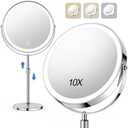 UBYMET Lighted Makeup Mirror, Rechargeable Height Adjustable Double Sided, 1x/10x Magnifying with 3 Color, Brightness Adjustable, 360° Rotation Vanity, Gift for Women