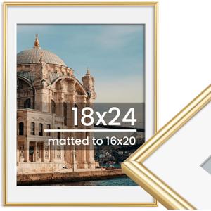 18x24 Picture Frame, Display Pictures 16x20 with Mat or 18x24 Without Mat, Wall Hanging Photo Frame, Gold, 1 Pack (18x24-1P)