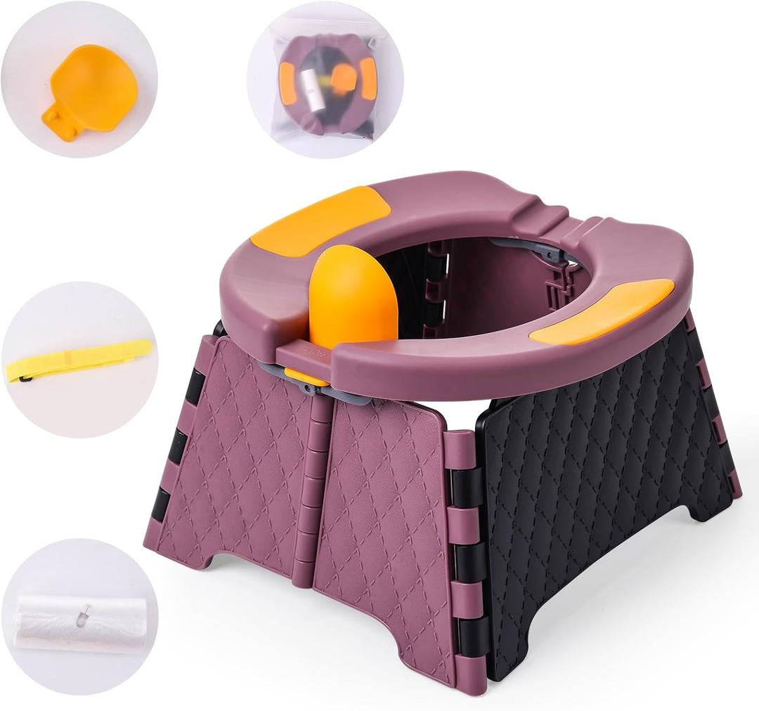 Travel Potty for Toddlers, Portable Potty Chair with Bag & 30 Pouches - Kids Toilet for Car, Camping, Indoor Outdoor - Splash-Proof Design, Easy Clean Training Seat (Purple)