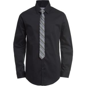 Van Heusen Boys' Long Sleeve Collared Button-Down Dress Shirt and Tie Set, Black Stripe, Size: 10-12 Husky