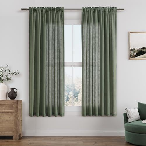 Guken Olive Green Linen Curtains 63 Inch Length for Living Room Bedroom 2 Panels Set Rod Pocket Light Filtering Semi Sheer Window Curtains 52 Inch Width Boho Farmhouse Linen Drapes, W52xL63