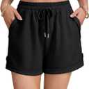 Rooscier Women's Drawstring Elastic High Waist Button Athletic Sweat Shorts with Pockets (Black, XL)