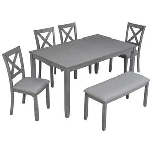 6-Piece Dining Table Set for 4-6 People, Kitchen Set with 4 Upholstered Chairs and One Bench, Living Room Chairs with X-Shape Backrest, Rectangular Wooden Table for Home Bar and Kitchen, Gray