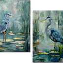 2 Panel Bird Wall Art Blue Heron Pictures Framed Bird Prints Artwork Heron in the Pond Natural Print Painting for Living Room Bedroom Office Wall Decor, 24"L x 16"W
