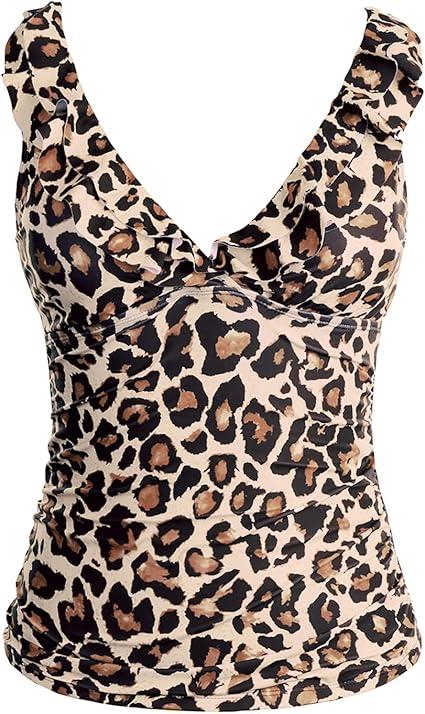 Yonique Women's Tankini Top Only Tummy Control Bathing Suit Top Ruffle Swimsuit Top V Neck Swim Tank Top No Bottom, Size large, Leopard