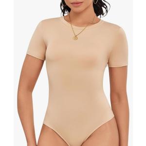 Cute Short Sleeve Tank Tops Bodysuit for Women Crew Neck Casual 2026 Summer Tops Size M