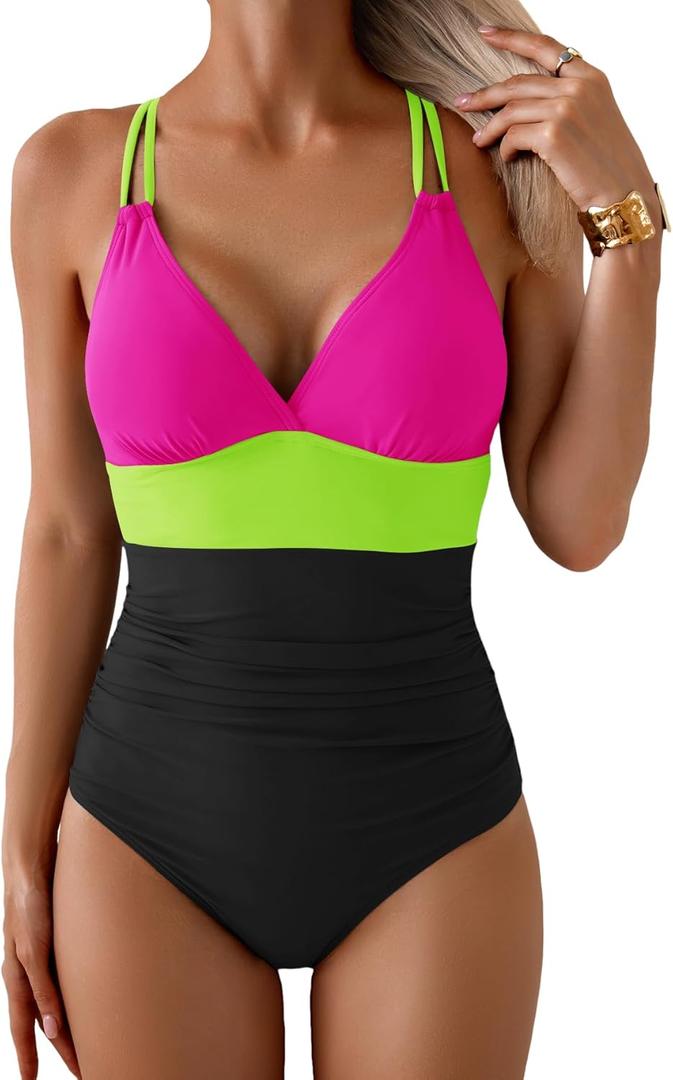 Aidonger Women's One Piece Color Block Swimsuit Tummy Control Slimming Bathing Suit V Neck Cutout High Waisted Swimwear (X-Large, Hot Pink and Black)