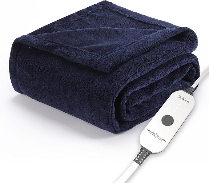 Sunbeam Electric Throw Royal Luxe Microplush Heated Blanket, 4 Heat Settings, 4-Hour Auto Shut-Off, Fast Heating, Warm and Cozy, Admiral Blue Color, 50" x 70"