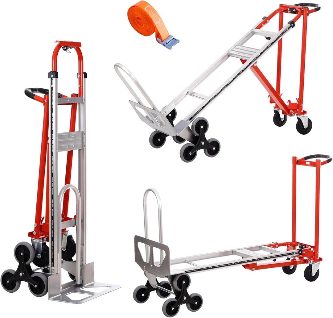 3-in-1 Industrial Convertible Hand Truck Dolly,1000 lbs Capacity Aluminum Hand Truck for Stairs,Hand Trucks Heavy Duty Dolly Cart with Stair Climbing Wheels for Moving,Transport(Red)