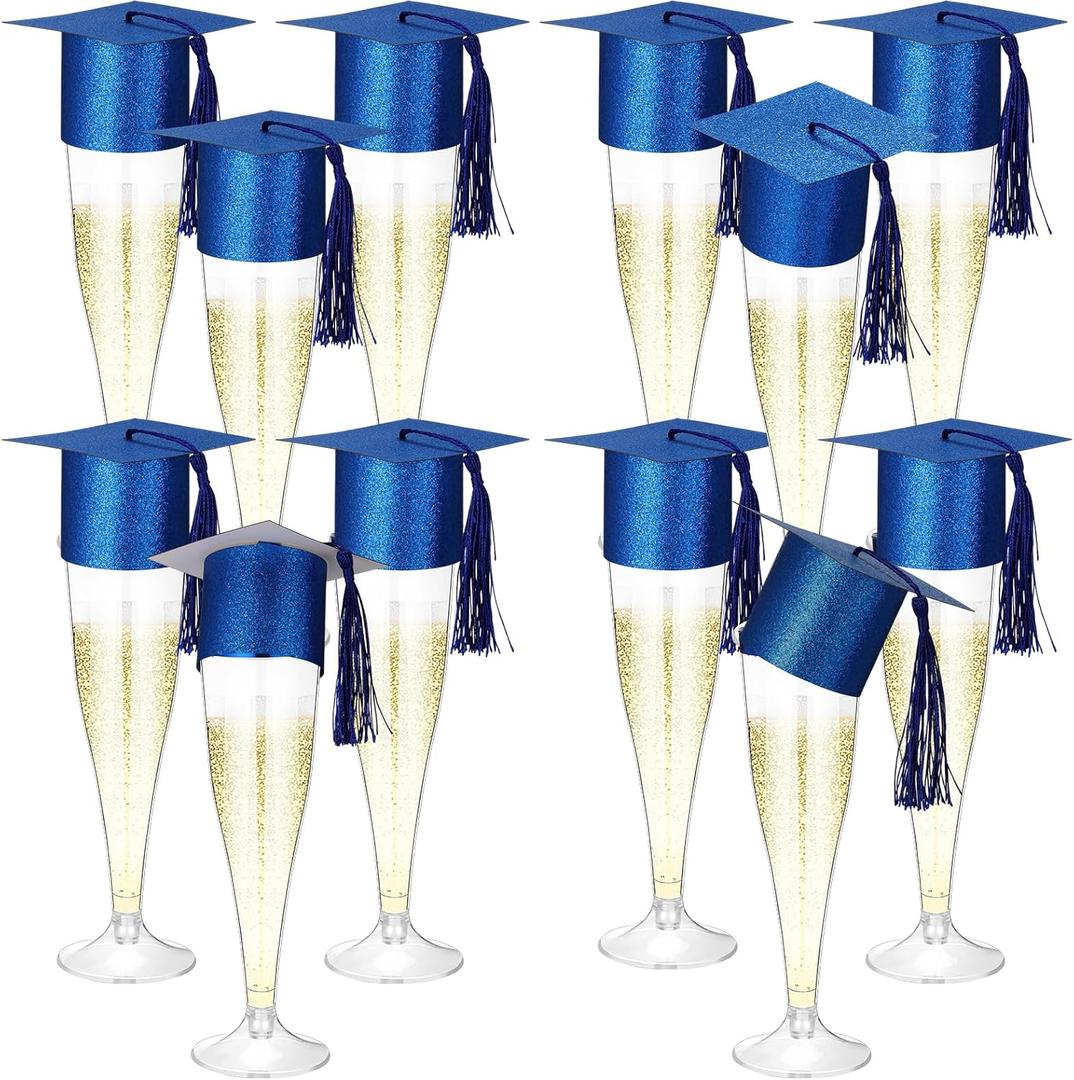 Funnymoom 12 Pack 2026 Graduation Disposable Champagne Flutes Set 4.5 oz Plastic Grad Glasses and Mini Graduation Caps with Tassels for Cocktail Toasting Grad Party Favor (Blue)