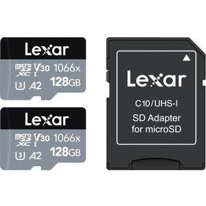 Lexar Professional 1066x 128GB (2-Pack) microSDXC UHS-I Card w/SD Adapter Silver Series, Up to 160MB/s Read, for Action Cameras, Drones, High-End Smartphones and Tablets (LMS1066128G-B2ANU)