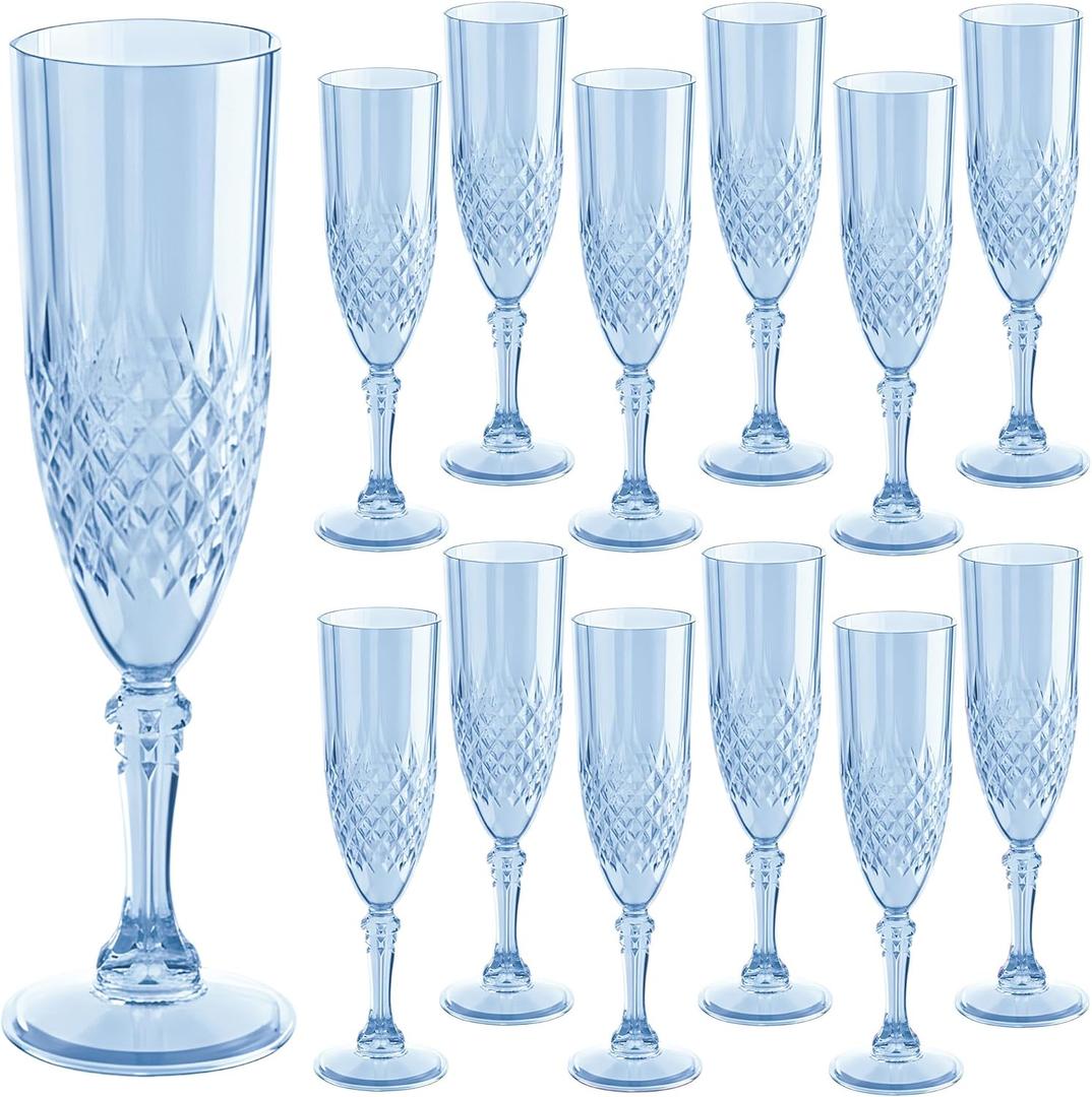 Blue Champagne Flutes Set of 12 7oz, Plastic Champagne Flutes Crystal Plastic Reusable Glasses Cups Goblets Shatterproof Unbreakable, for Valentines Day Wedding Party Mimosa Bar