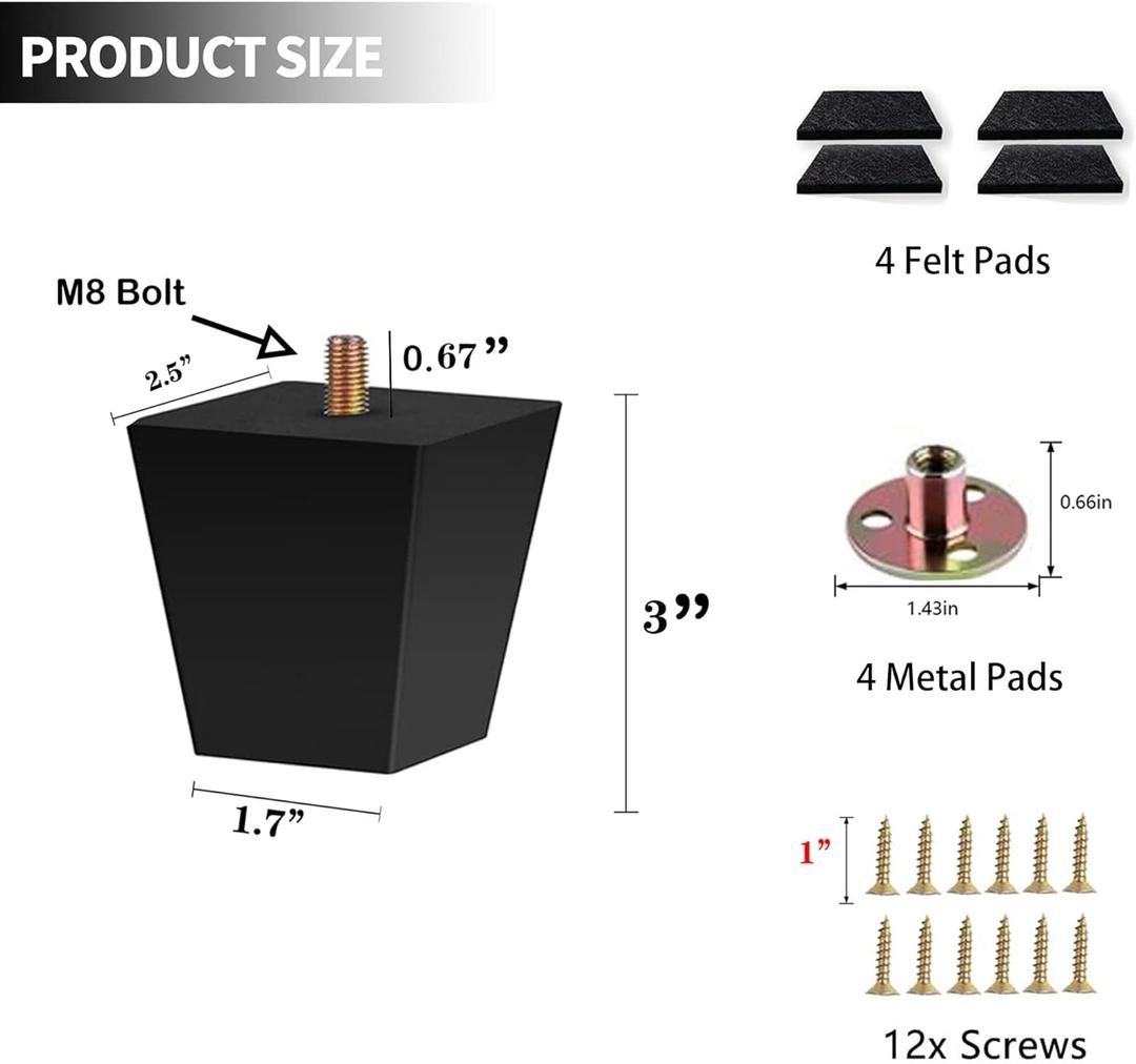 Sofa Legs Square Bed Feet 3 inch Wood Replacement Leg for Furniture Set of 4,Black (3, 4set)