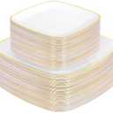 bUCLA 100PCS White Plates with Gold Trim - Heavy Duty White Gold Square Disposable - Include 50 Each (10 inch Dinner & 7.25 inch Dessert) Plates for Party & Wedding