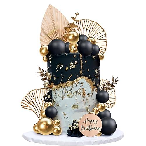 Boho Cake Topper Happy Birthday Cake Decorations with Balls Eucalyptus for Wedding Birthday Supplies (Black)