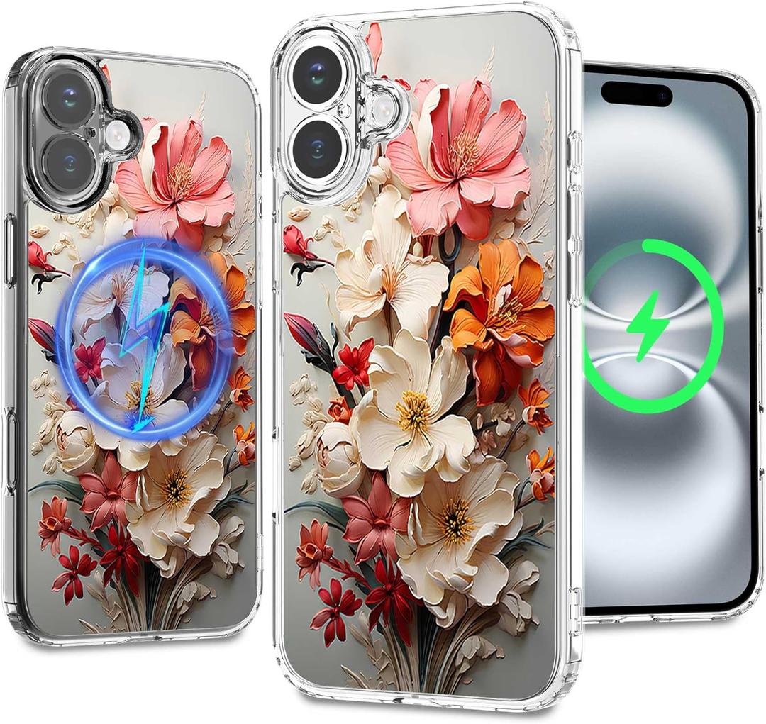 Magnetic Clear Case for iPhone 16 Plus, Floral Printing Pattern Design for Women Girls Shockproof Flower Protective Bumper Non-Yellow MagSafe Case, 6.7 (Pic 8)
