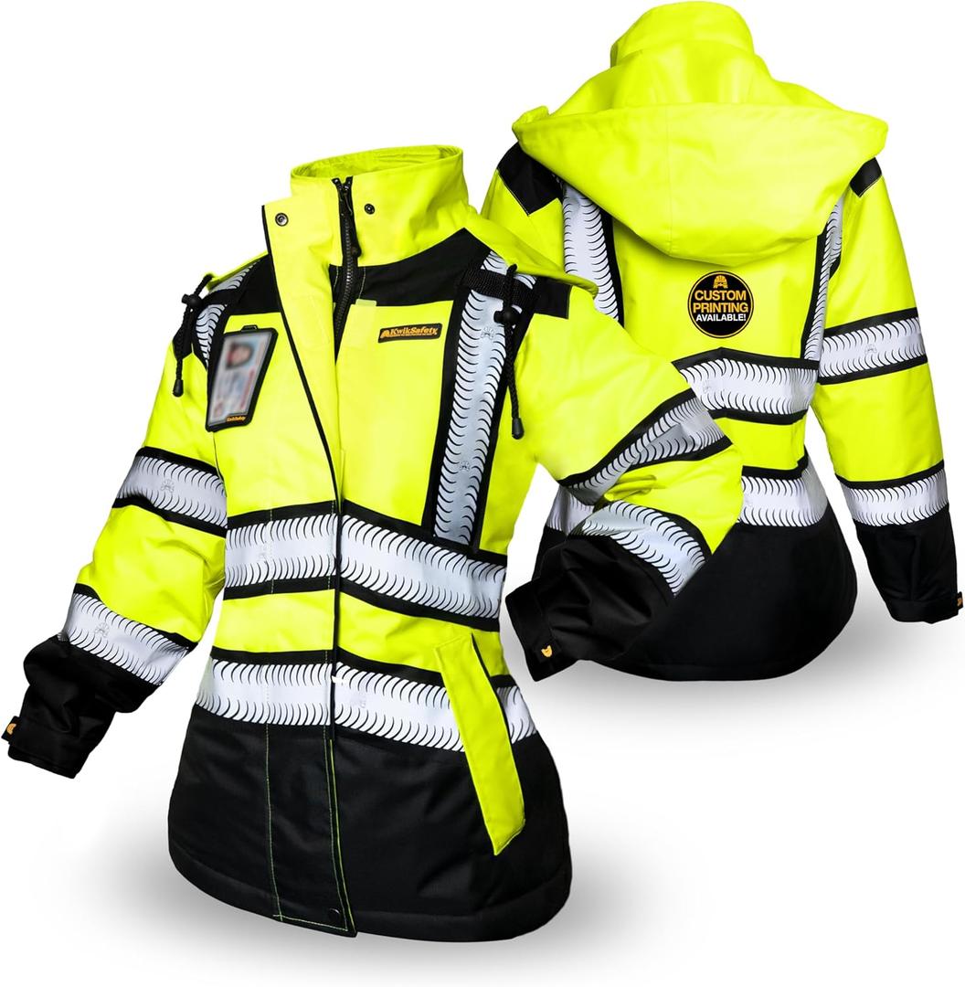 KwikSafety - Charlotte, NC - BOMBTRESS Safety Bomber Jacket for Women | Hi Vis Insulated Bomber Jacket (Medium, Yellow + Black Trim | Women's)