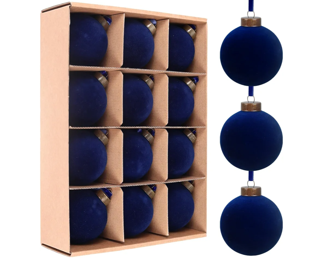 12 Pcs Velvet Christmas Balls Bulk Shatterproof Plastic Christmas Tree Decorations for Decorative Hanging Baubles (12, Navy Blue, 3.15Inch)