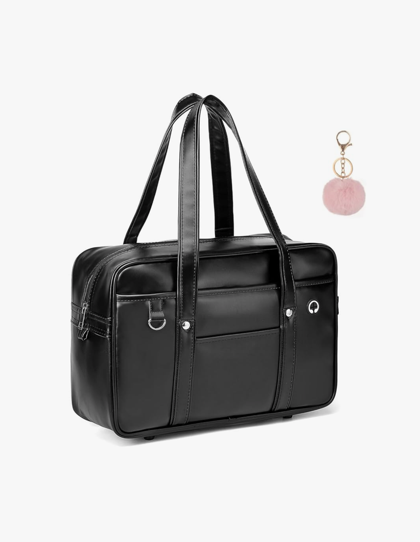 Japanese School Shoulder Bag Tote Faux Leather Kawaii Cute Bookbag Satchel Anime Cosplay Student with Pink Pompom