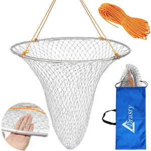 Drasry Foldable Bridge and Pier Fishing Landing Net - High Load-Bearing Aluminum Ring Drop Net for Saltwater Freshwater - Collapsible Basket With 49.2 FT Rope (23.6*23.6*27.5 IN)