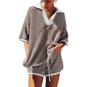Tankaneo Womens Sweater Set 2 Piece Outfits Oversized 3/4 Sleeve V Neck Knit Tops High Waisted Shorts Lounge Sets (Large, Coffee)